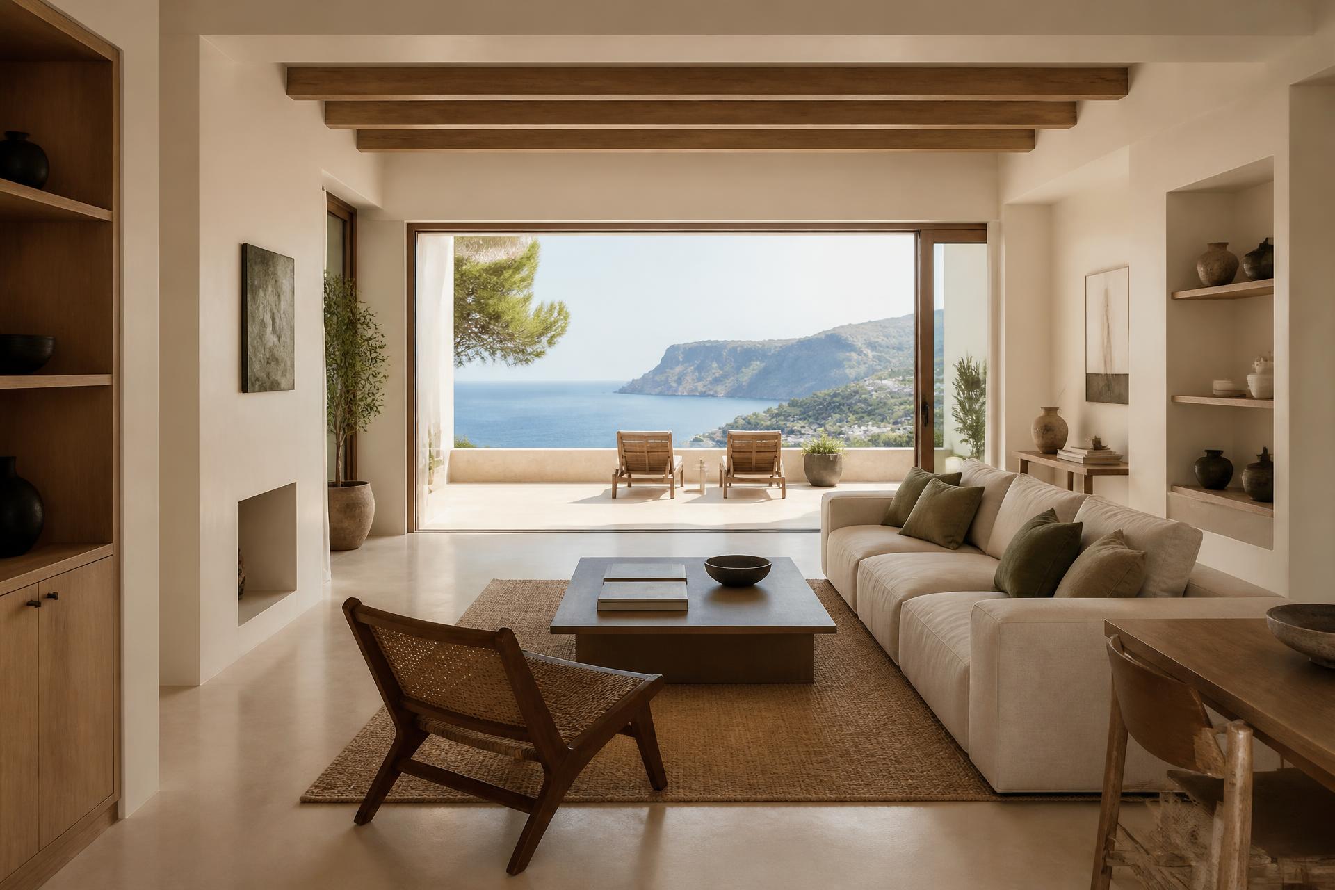 Salón de una villa reformada en la Costa Blanca con vistas al mar